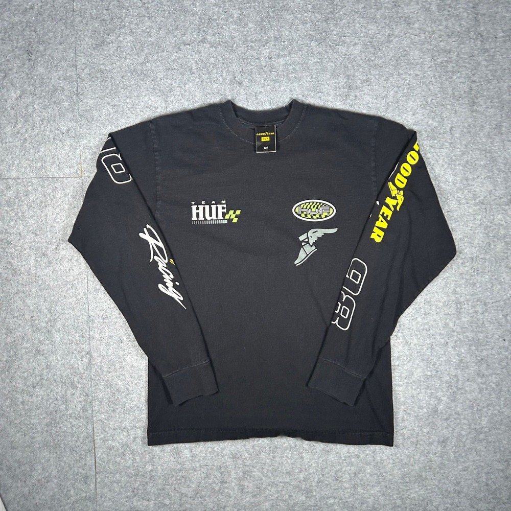 HUF Shirt Mens M Black Goodyear Racing Graphic Tee Skateboard Long Sleeve Street